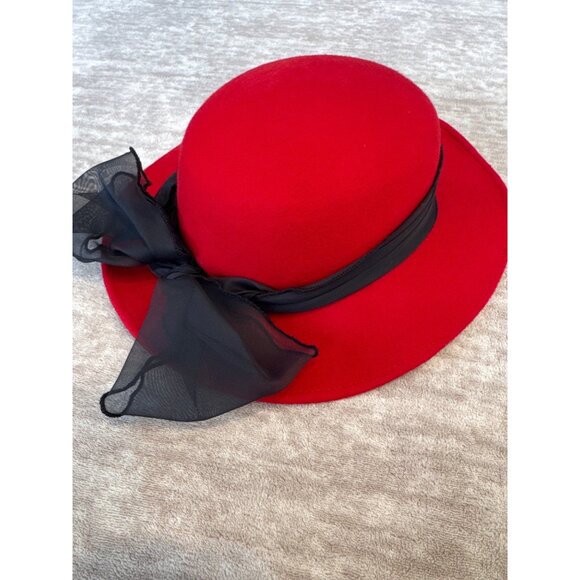 Vintage Red Wool Felt Hat Black Sheer Ribbon Bow XS Made in USA - Picture 2 of 8